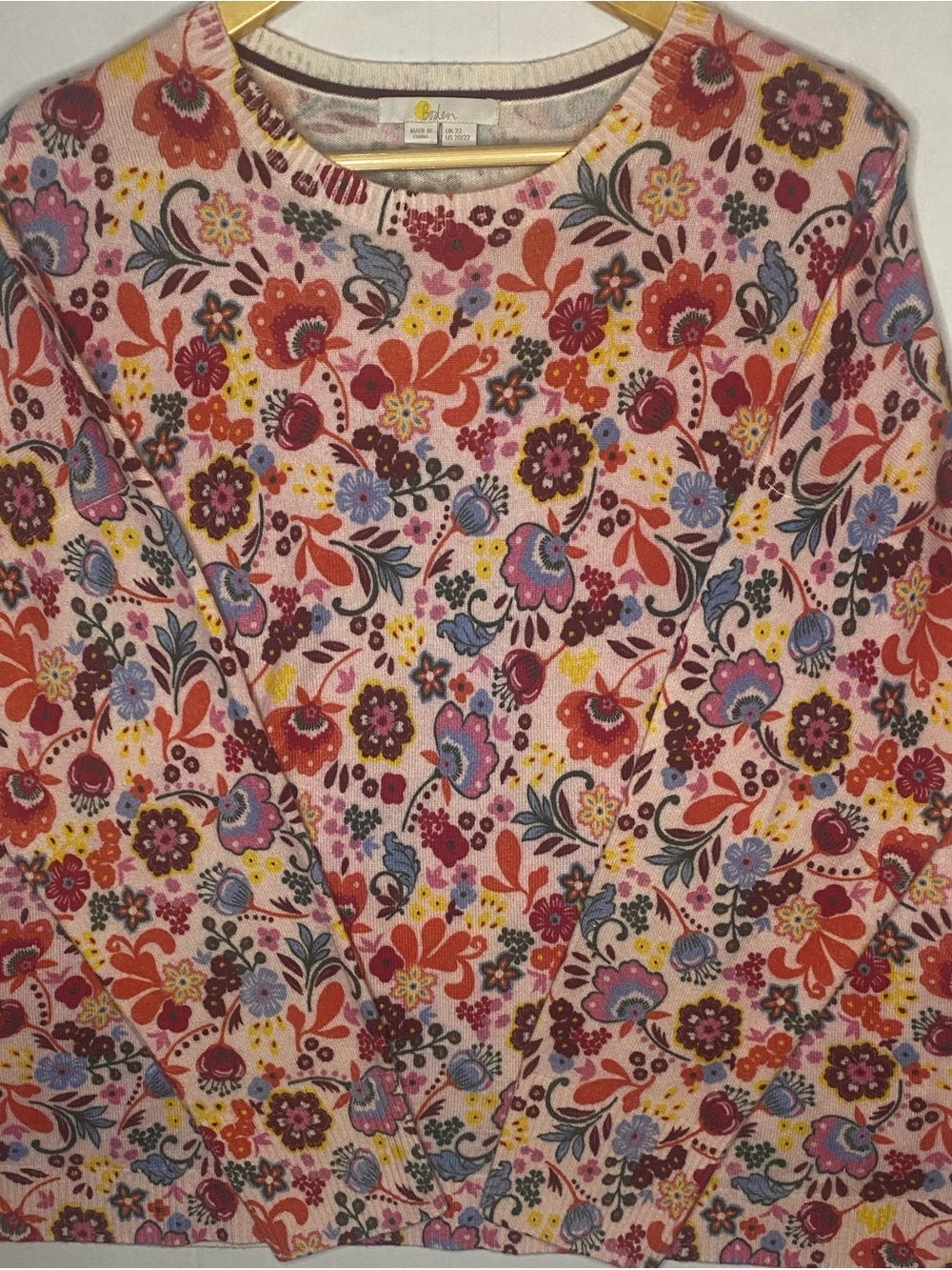 Boden 100% Cashmere Floral Sweater Women US 20/22 UK 22 Pink Crewneck Knit